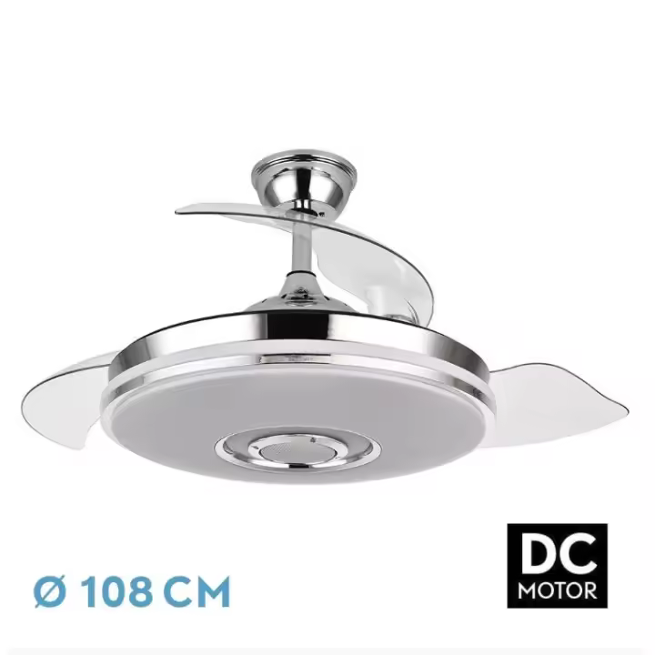 FABRILAMP PREMIUM Ventilador Dc Noto 72w 6120lm Cromo 3asp.desp.6velocidades 108d 3 Colores+rgb Bluetooth, Remoto, Memoria Y Altavoz Incluye mando a distancia y dos tijas de 10 y 25 centímetro Productos originales calidad de confianza - 1