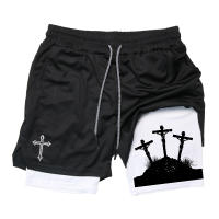 Shorts De Entrenamiento Para Hombres Con Estampado Cruzado Y Bolsillo Para Teléfono Y Anillo De Toalla Poliéster Transpirable Y Deportiva - details 17