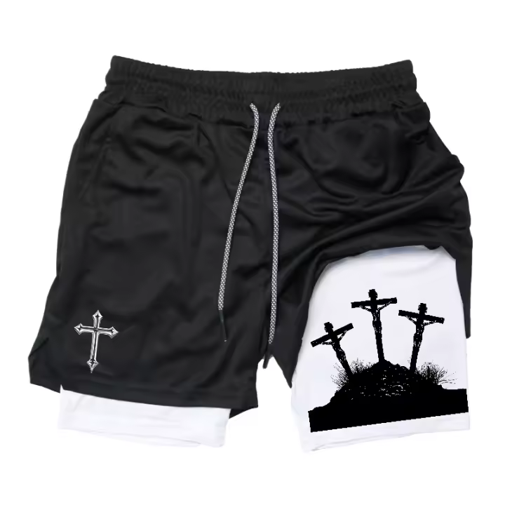 Shorts De Entrenamiento Para Hombres Con Estampado Cruzado Y Bolsillo Para Teléfono Y Anillo De Toalla Poliéster Transpirable Y Deportiva - 1
