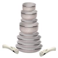 Juego de 8 pcs: 5 sartenes Ø18Ø20Ø24cm(x2)Ø28cm y 3 Cacerolas Ø16Ø18Ø20cm en aluminio prensado con revestimiento ILAG con 3 mangos extraibles - details 0