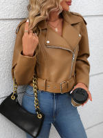 Chaqueta De Cuero PU Para Mujer Fitaylor Cierre De Cremallera Estilo Casual Con Cinturón Biker Primavera Otoño Corta - details 0