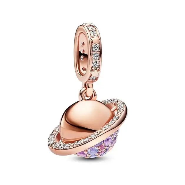 PANDORA Moments Planet Saturn 782433C01 - Colgante de plata de ley con aleación de metal chapado en oro rosa, compatible con pulseras Moments y ME, Lila, Plata de ley, Circonita cúbica，Viene con embalaje de caja de regalo original. - 1