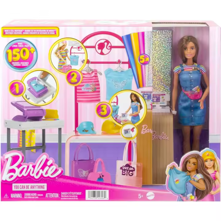 Barbie Boutique Diseña y Vende Muñeca Morena con Tienda de Ropa Personalizable y Accesorios, Juguete +3 años - 1