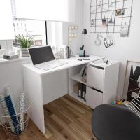 Meimon Mesa escritorio ADAPTA reversible con buc de 2 puertas y 2 huecos, opción de mesa rinconera, estructura de tablero melaminizado TIPO E1, cantos PVC, traseras MDF lacadas blanco, soporta hasta 25 kg, medidas 74x120x77 cm o 74x152x49 cm, Blanco Artik - details 0