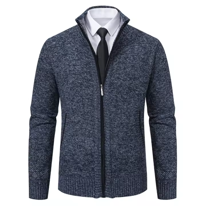 Chaqueta De Cuello Alto Para Hombres Invierno Fleece Cashmere Cardigan Zip up Smart Casual Outerwear Con Bolsillos Técnica De Tejido Por Computadora - 1
