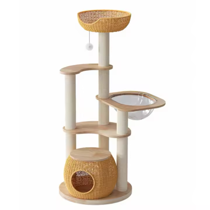 Trebol Gato de Madera Natural, Arbol para gatos, Multinivel con Algodón y Plataforma de Descanso,55cm*55cm*133cm - 1