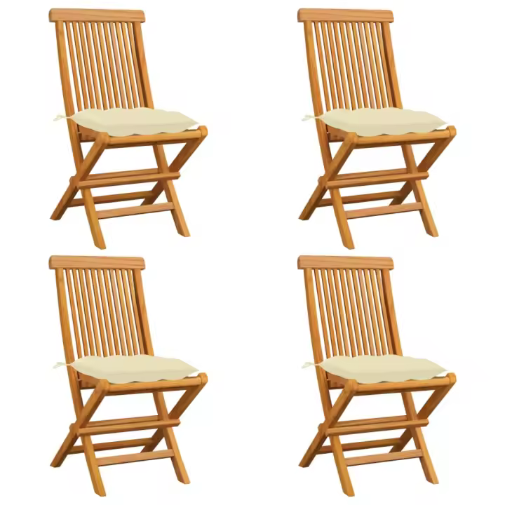 Sillas de jardín 4 uds madera de teca con cojines blanco crema - 1