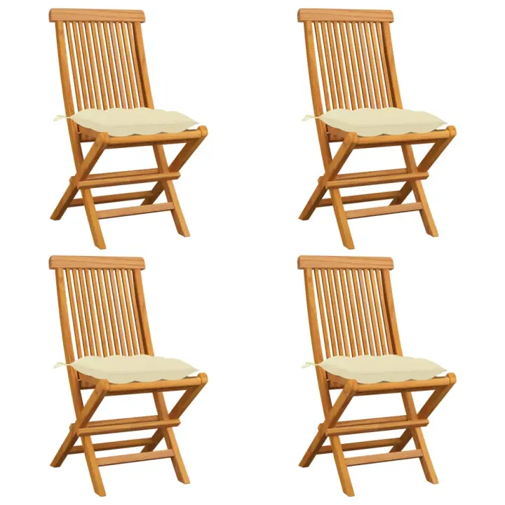Sillas de jardín 4 uds madera de teca con cojines blanco crema - 1