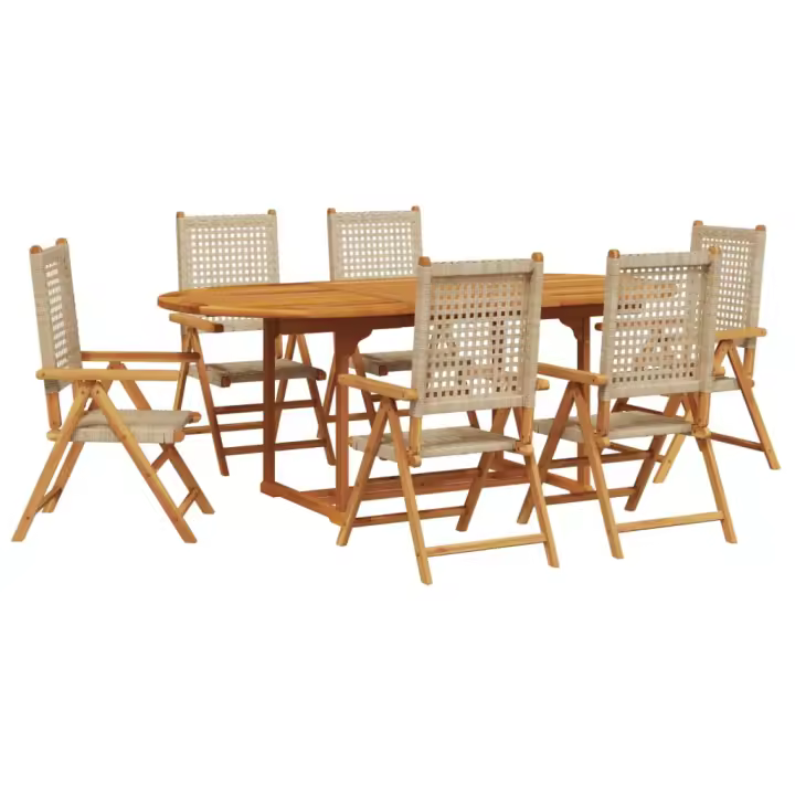 vidaXL Set de comedor de jardín 7 pzas ratán PE madera maciza beige - 1