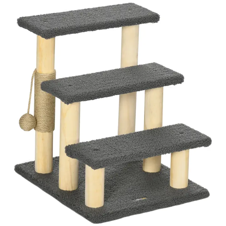 PawHut Escaleras para Gatos Escaleras para Mascotas de 3 Escalones, Escaleras para Mascotas de 48 cm con Columna de Sisal, Escaleras para Perros con Pelota de Juego, Ayuda de Entrada para Camas Altas, Madera de Pino, Gris+Natural - 1