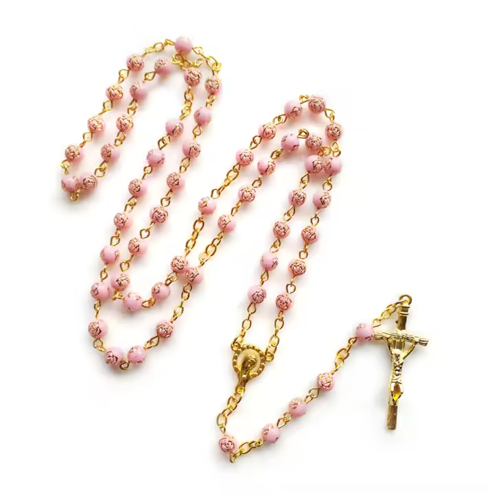 6mm Rose Beads Rosary Necklace with Jesus Crucifix for Cross Pendant Necklace Pr - 1