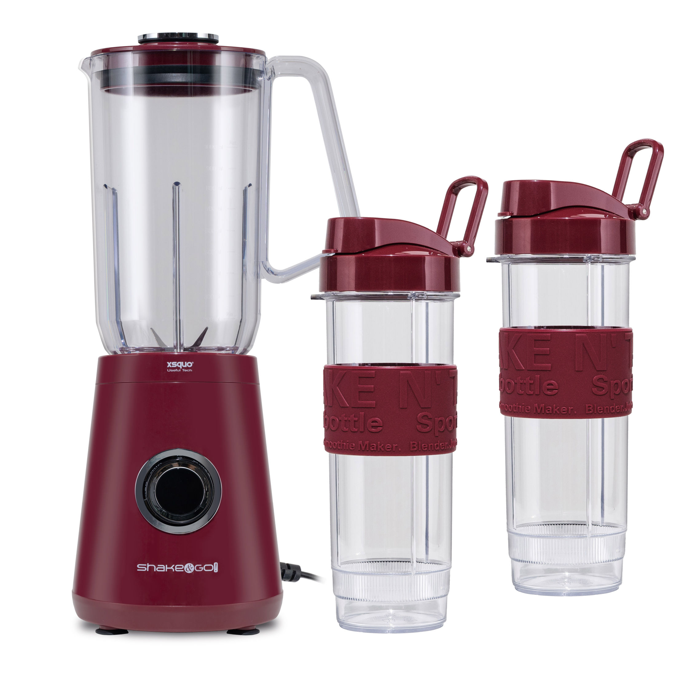 XSQUO Useful Tech, Shake & Go – Mini Batidora de Vaso Personal 3 en 1, 500W, Incluye 2 Botellas Shaker de 570ml, Base Antideslizante, Tapa con Asa, 4 Cuchillas Inox, Apta Lavavajillas, para Batidos  Energéticos y Smoothies listos al instante - Shake & Go