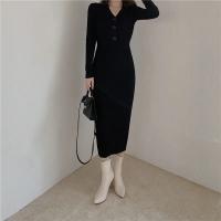 Vestido Bodycon Elegante Para Mujer Con Botones Y Cuello En V De Terciopelo Suave Manga Larga Estilo Oficina Otoño Invierno - details 38