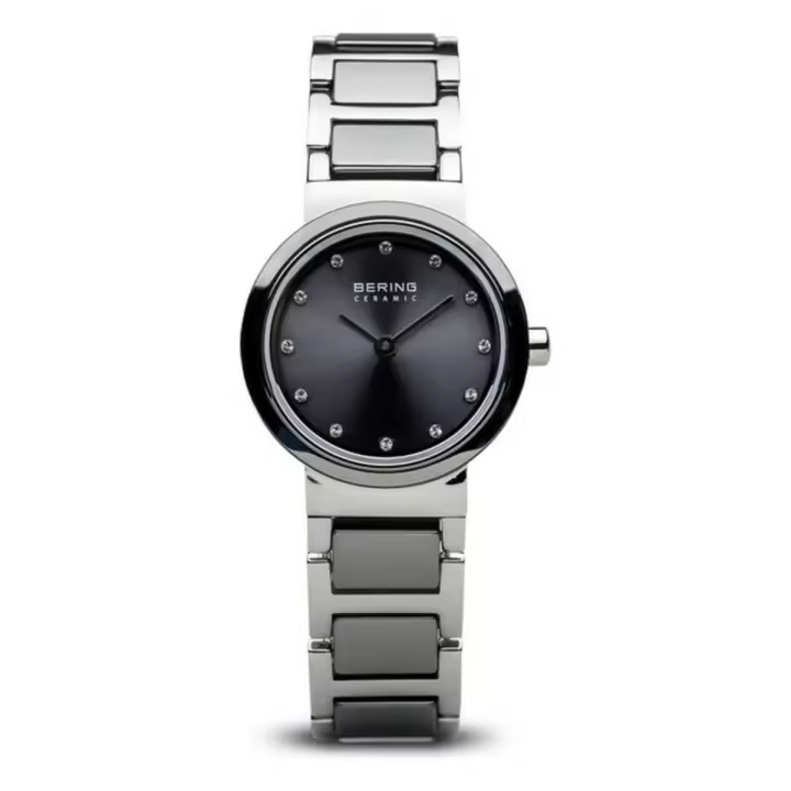 BERING 10725-783 Reloj de cuarzo para mujer, caja de acero inoxidable plateado de 25 mm, esfera gris, brazalete de acero inoxidable con detalles de cerámica y resistencia al agua de 5 ATM - 1