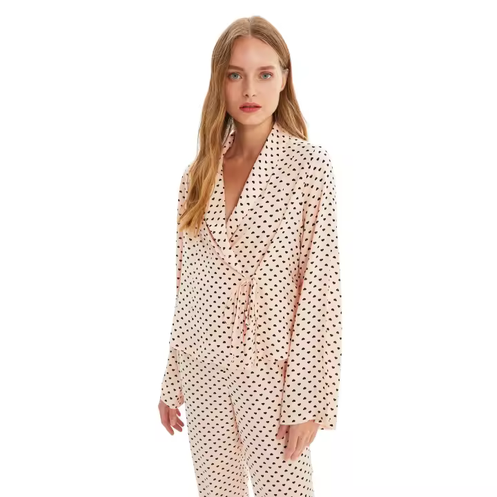Trendyol Dark Beige Heart Tie Detail Viscose Maternity Woven Pajama Set Thmaw22Pt0300 - 1