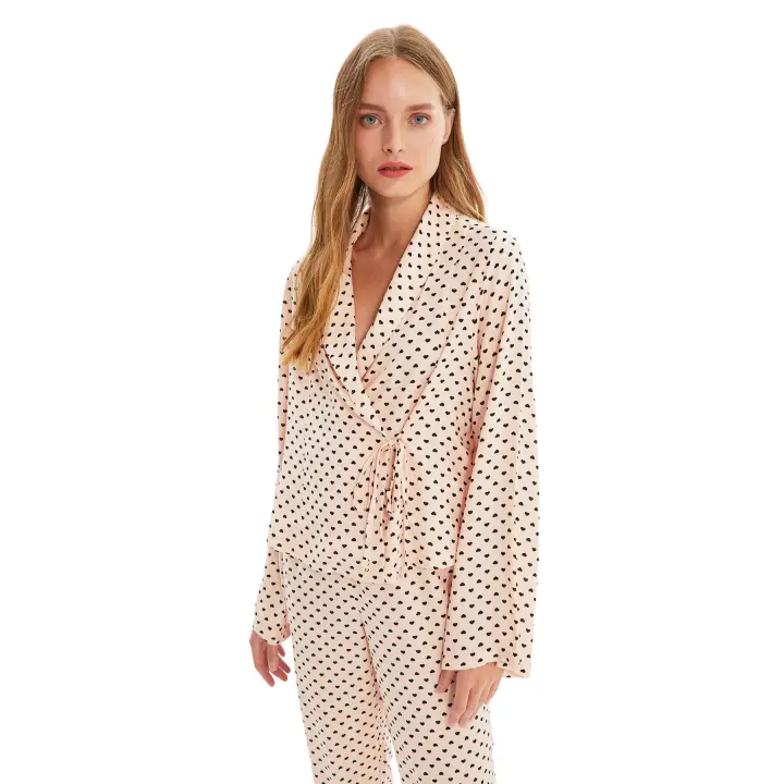 Trendyol Dark Beige Heart Tie Detail Viscose Maternity Woven Pajama Set Thmaw22Pt0300 - 1