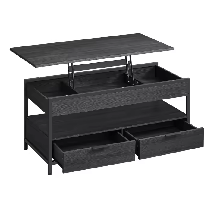 Mesa de centro elevable con almacenamiento, cajones, compartimentos ocultos y estante abierto, marrón rústico y negro - 1