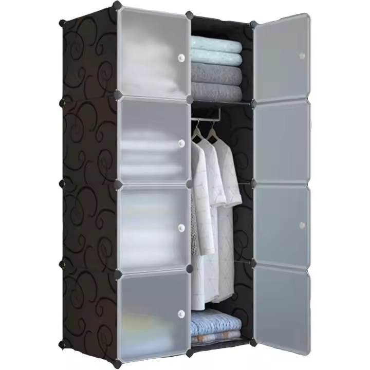 Armario Modular, Estantería de Módulos, Organizador Modular de Ropa Ropero para Hogar, Estante de Almacenamiento para Dormitorio, 16 Módulos, 3 Barras, 140x105 cm, Color Negro - 1