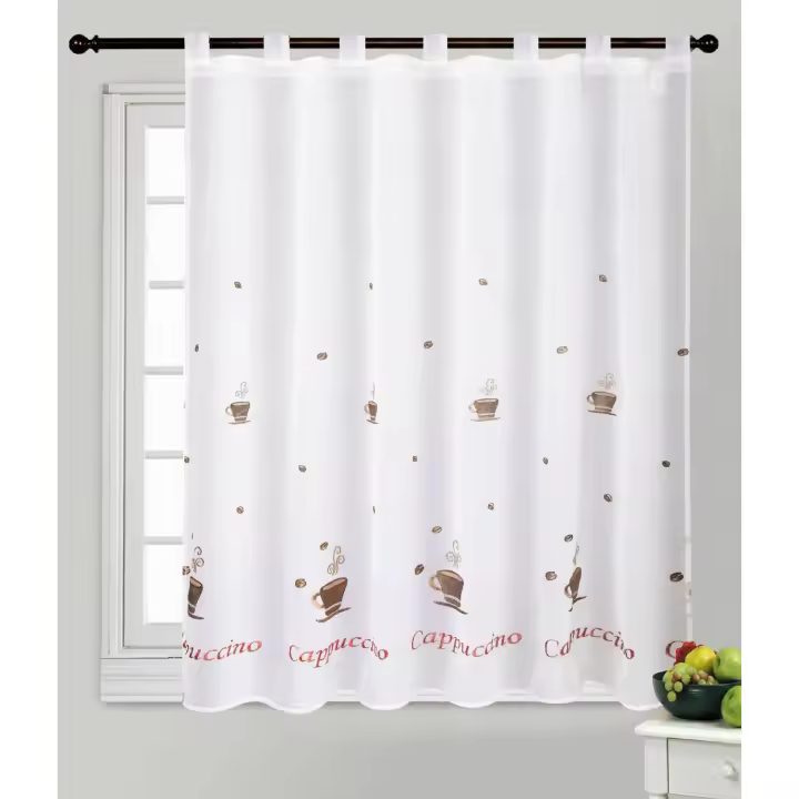 Pack de 2 Cortinas de Cocina Translucidas Blancas con Dibujos Bordados de 140x140cm, Pack de 2 Visillos con Trabillas, Cortina Translucida para Cocina y Sala de estar, Cortinas de Media Altura. - 1