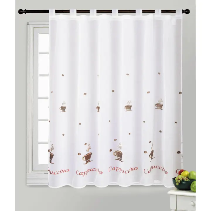 Pack de 2 Cortinas de Cocina Translucidas Blancas con Dibujos Bordados de 140x140cm, Pack de 2 Visillos con Trabillas, Cortina Translucida para Cocina y Sala de estar, Cortinas de Media Altura. - 1