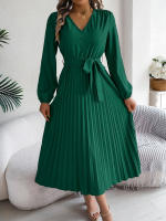 Vestido Elegante De Mujer Con Botones Y Cuello En V Manga Larga Plegado Con Cierre De Lazo Estilo Casual A-Line Para Primavera/Otoño - details 18