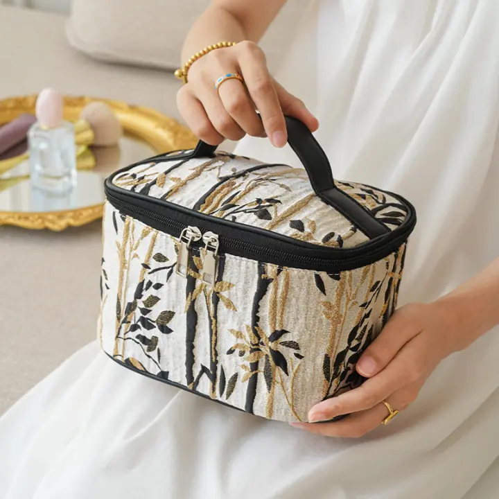 Bolso De Cosméticos Para Mujer Rosa Negra Estuche Portátil De Gran Capacidad Con Cierre De Doble Cremallera Y Flap - 1