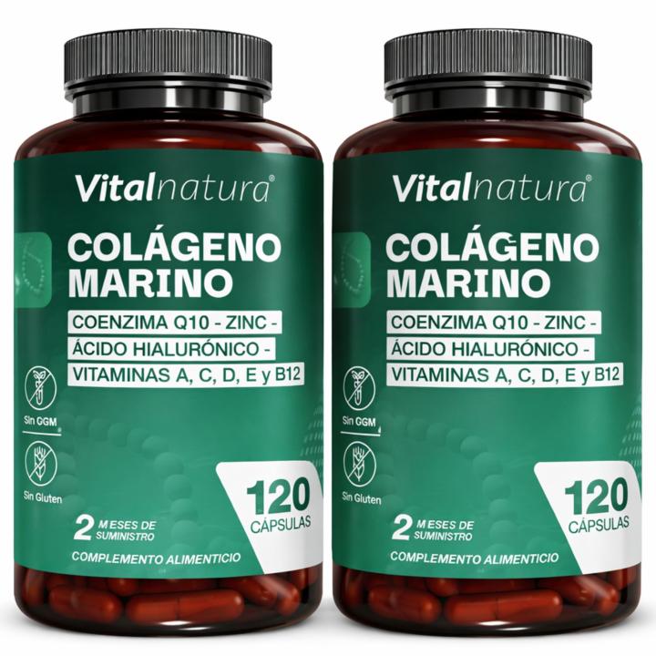 Suplemento de Colágeno Marino Hidrolizado con Ácido Hialurónico, Coenzima Q10 y Vitaminas A, C, E, D3, B12 + Zinc – Vitalnatura Complex 120 Cápsulas Vegetales para Anti-Edad y Salud Articular