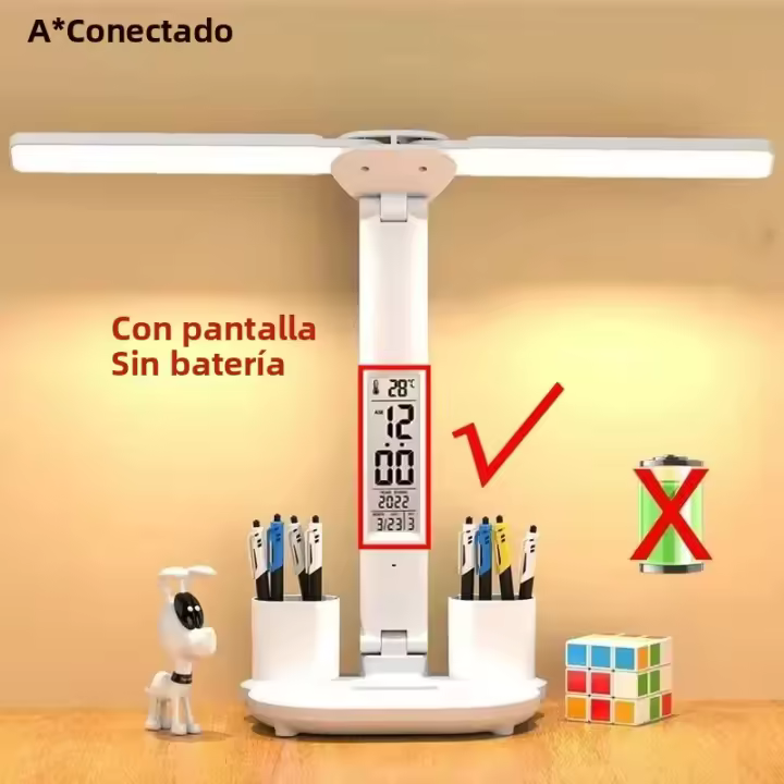 Lámpara De Escritorio LED Con Reloj Y 2 Cabezas Recargable Por USB Luz Nocturna Toque Protección Ocular Rotación De 180 Grados Plegable Para Lectura - 1
