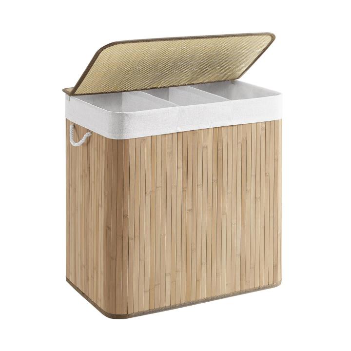 SONGMICS - Cesta de lavandería sucia con 3 compartimentos, cesta de 150L, bandeja de clasificación, con asas, tapa con arañazos, plegable, lino, hogar, lavandería, color madera/blanco/gris