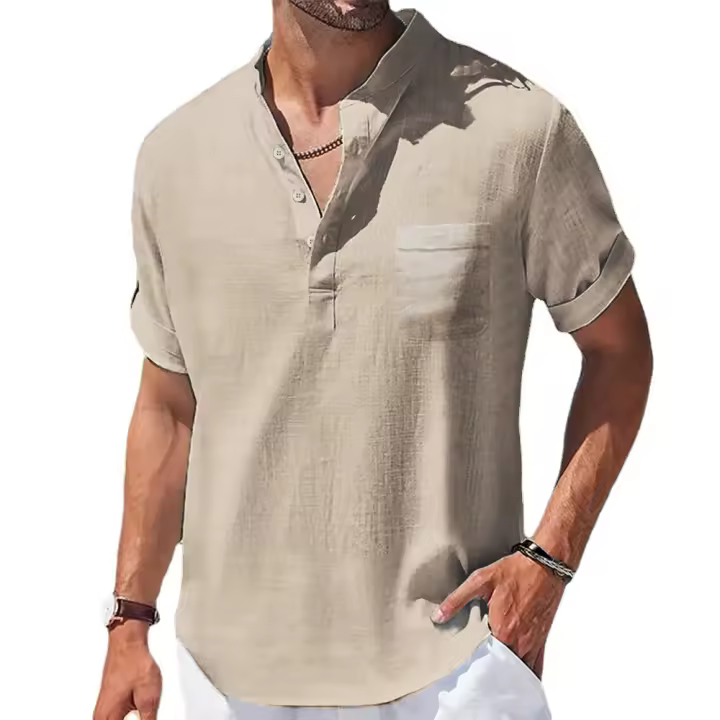 Camisa De Algodón Y Lino Para Hombres Verano Cuello Henry Camiseta Casual Manga Corta Ropa Masculina Transpirable Y Ligera - 1
