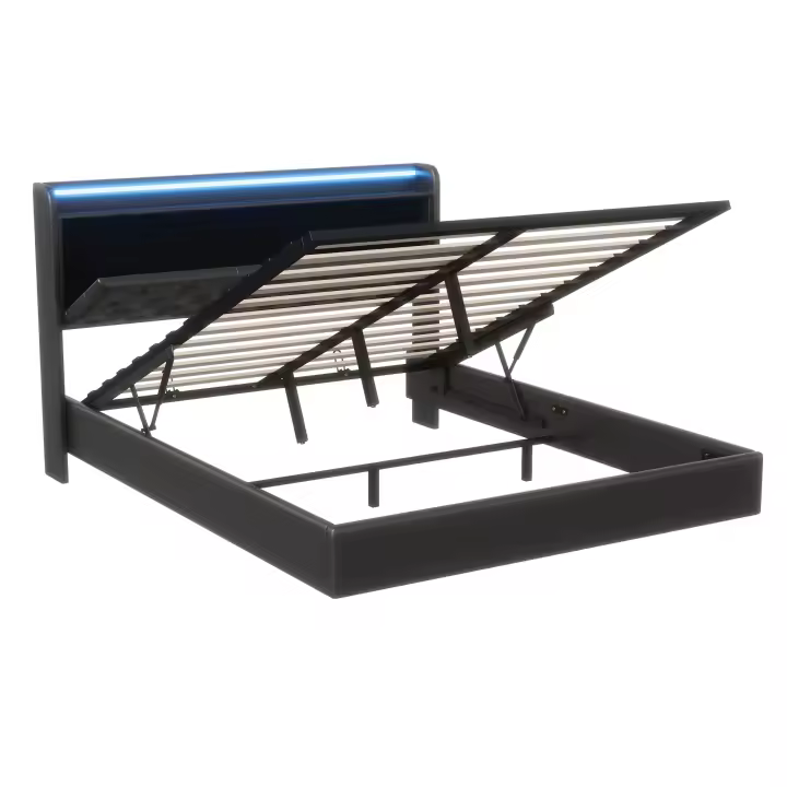 Cama Flotante Negra 140x200/160x200 cm con LED RGB, PU, Cabecero con Carga USB y Almacenaje Interior - 1