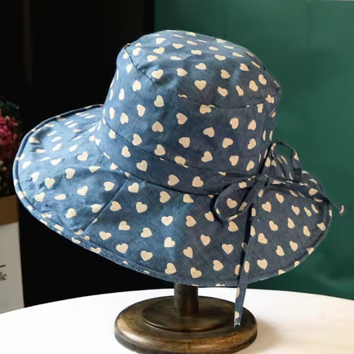 Sombrero Para Mujer Verano Impresión De Amor Gran Alas Protección Solar Algodón Y Lino Plegable Sombrero De Pescador - 1