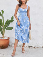 NewAsia Vestido Midi Sin Mangas Para Mujer Con Estampado Y Cuello En V Dos Capas Sin Espalda Casual Verano Azul - details 7