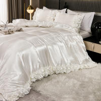 Set De Edredón Satinado 3PCS Colores Blanco Khaki Y Rosa Seda Suave Con Volantes Estilo Moderno Para Cama Conjunto De Ropa De Cama - details 3