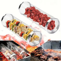 Cesta De Barbacoa Portátil En Red De Acero Inoxidable Redonda Para Camping Al Aire Libre Con Tubo De Malla BBQ - details 1