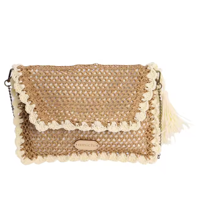 Bolso bandolera para mujer AMICHI Gona de rafia negro con cierre de cremallera - 1