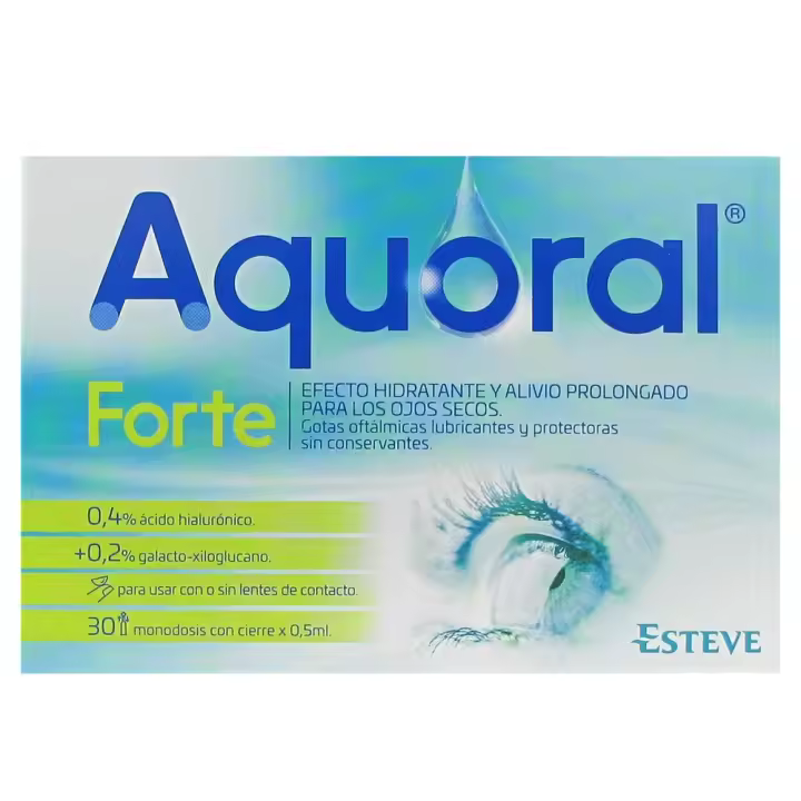 Aquoral Forte - Lágrima Artificial Estéril 30 Monodosis - Solución Oftálmica para Ojos Secos - Gotas Oftálmicas Estériles - Efecto Hidratante y Alivio Prolongado - Esteve - 1