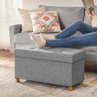 Baúl tapizado capitoné, taburete de almacenamiento textil con asiento acolchado, patas de madera maciza y tapa, gris oscuro - details 1