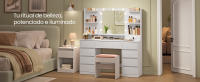 VASAGLE KAILYN Colección - Tocador con Espejo LED, Regleta, 9 Cajones, 9 bombillas regulables, Iluminación de 3 Colores, Montaje sin Herramientas, Blanco Nube - details 0