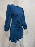 Vestido De Rodilla Largo Estilo Casual Para Mujer Con Mangas Burbuja Y Pliegues En Color Sólido Vestido Para Jóvenes - details 2