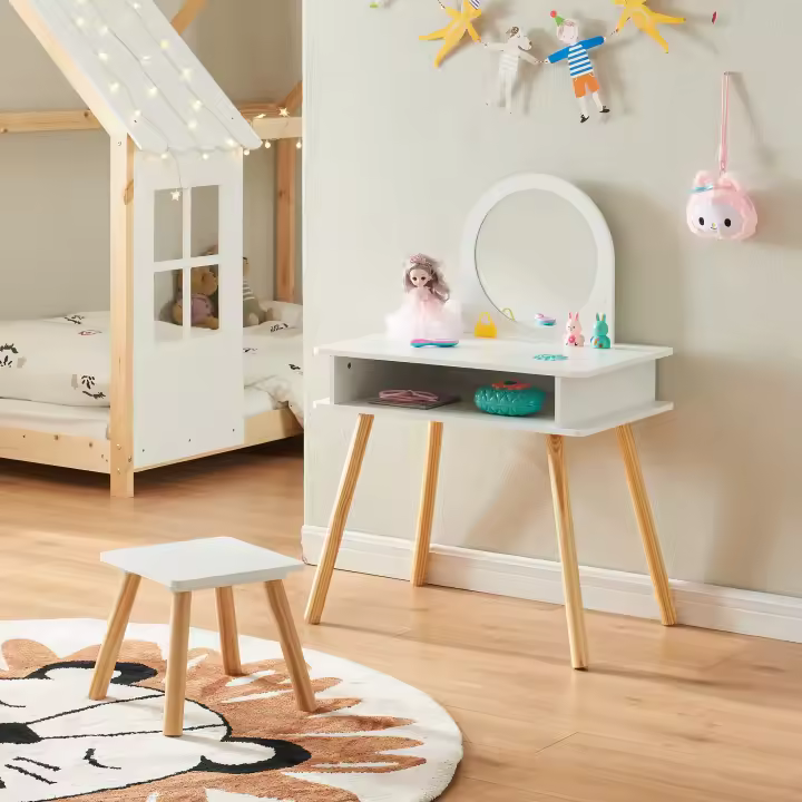 Tocador infantil con taburete Ovanåker - Blanco/Natural [en.casa] - 1