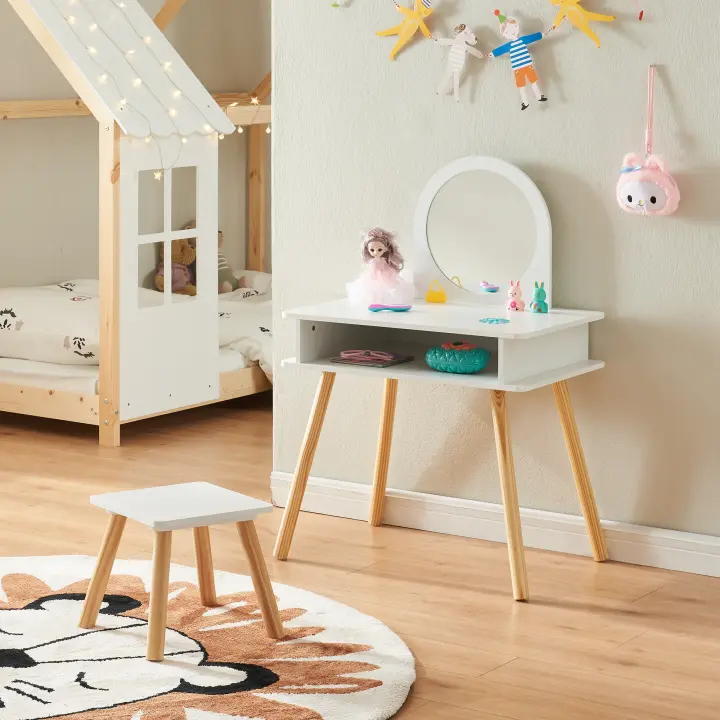 Tocador infantil con taburete Ovanåker - Blanco/Natural [en.casa] - 1