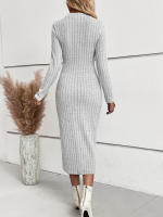 Vestido Midi De Cuello Redondo Para Mujer Elegante Y Moderno Con Ribbed Detalle En Glúteos Estilo Casual Polyester A-Line - details 2