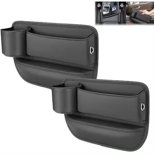 Caja de almacenamiento para asiento de coche, bolsa de cuero para portavasos, caja de almacenamiento para asiento de coche con portavasos, caja de almacenamiento para espacio de asiento (2 unidades, color negro, mezcla) - 1