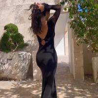 Vestido Largo De Mujer Con Cuello En V Profundo Y Malla De Encaje Sensible Al Viento De Color Sólido Talla Slim Para Fiestas Y Clubes - details 8
