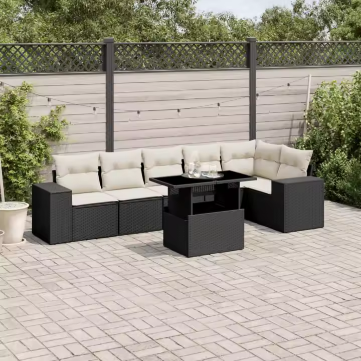 vidaXL Set de sofás de jardín 7 pzas con cojines ratán sintético negro - 1