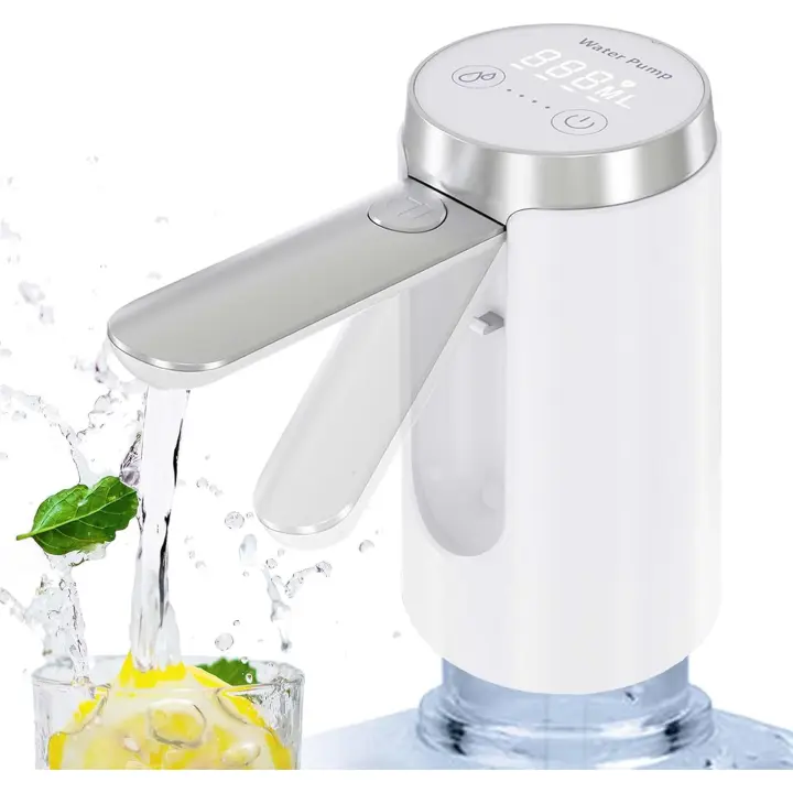 Dispensador de agua para garrafón de 5 galones, bomba recargable, boquilla plegable, duradero, pantalla LED inteligente, portátil para el hogar y el exterior (blanco) - 1