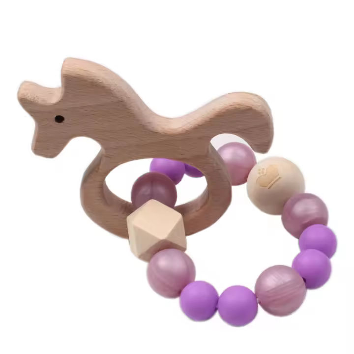 Nuevo juguete de dentición de unicornio de madera de haya natural, pulsera mordedora para bebé, palo de dentición, juguete para bebé - 1