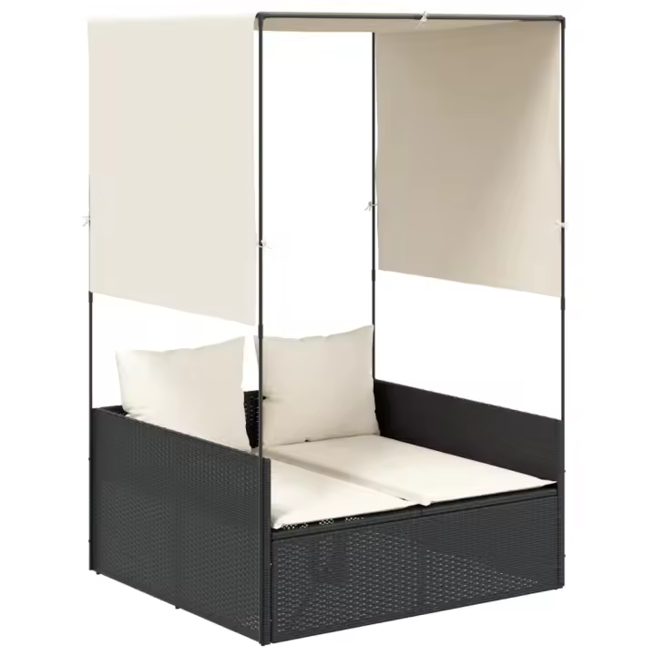 vidaXL Tumbona doble con techo y cortinas ratán sintético Negro, Marrón, Gris Sillas de Exterior Ideal para jardín, playa, piscina, terraza Tumbona Piscina Tumbonas Playa Tumbonas Jardín Exterior - 1
