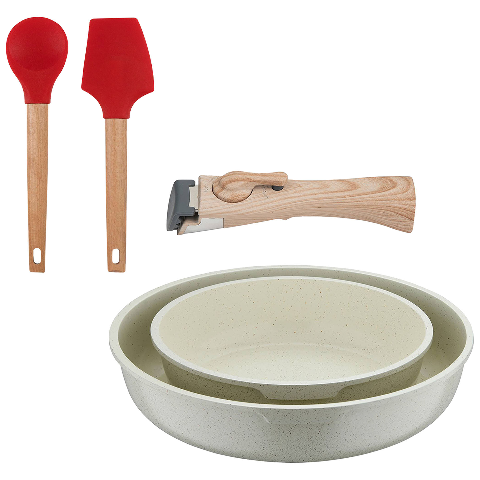 Bergner Click&Cook Juego de 2 Sartenes Ø22Ø26cm Aluminio fundido Blanco con Mango desmontable+Delantal de Cocina Gris oscuro 100% Algodón 75x80cm